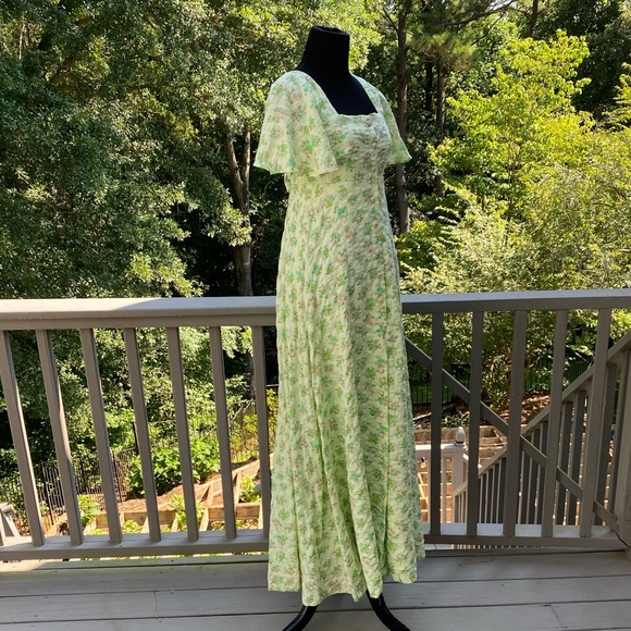 Vintage 60s Floral Cottagecore Flutter Sleeve Button Front Maxi Peasant Dress - Picture 3 of 16